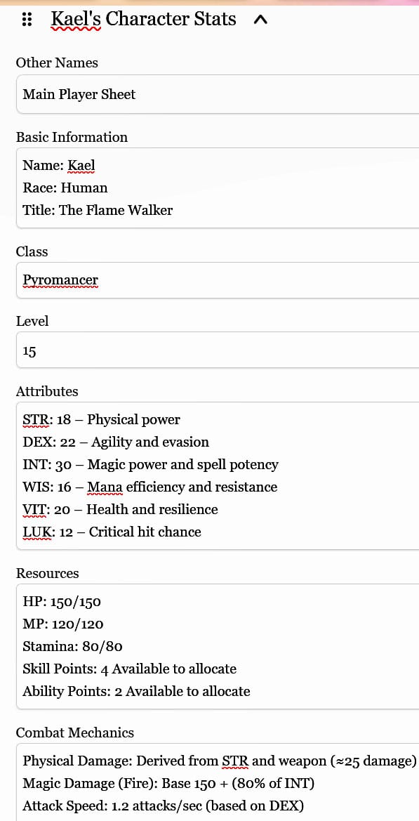 A digital screenshot design from the Sudowrite AI writing tool which resembles a structured character profile for tabletop or LitRPG-style games.